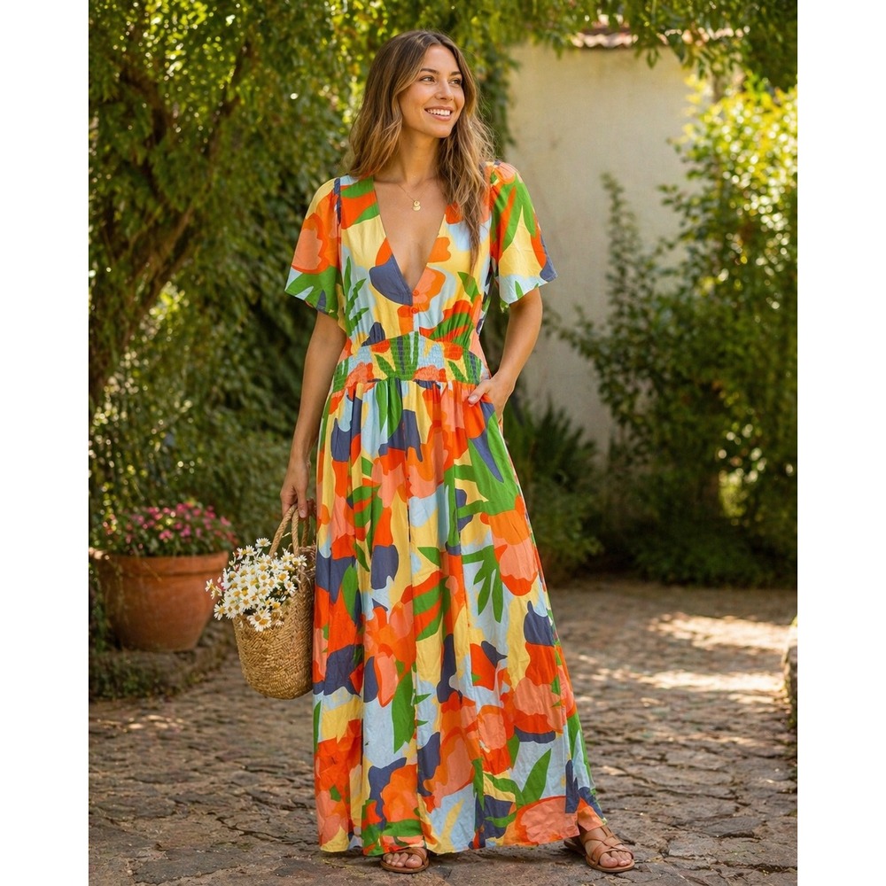 Abel the Label Women Beach Maxi Dress Smocked Waist Small Anthropologie Abstract